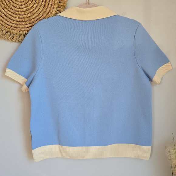 ZARA New Blue Short Sleeve Smooth Knit Gold Crest Button Lady Cardigan SZ XL - Picture 7 of 12